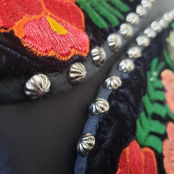 Floral Red Green Bohemian Boho Embroidered Lined Vest with metal stud buttons - Picture 6 of 14